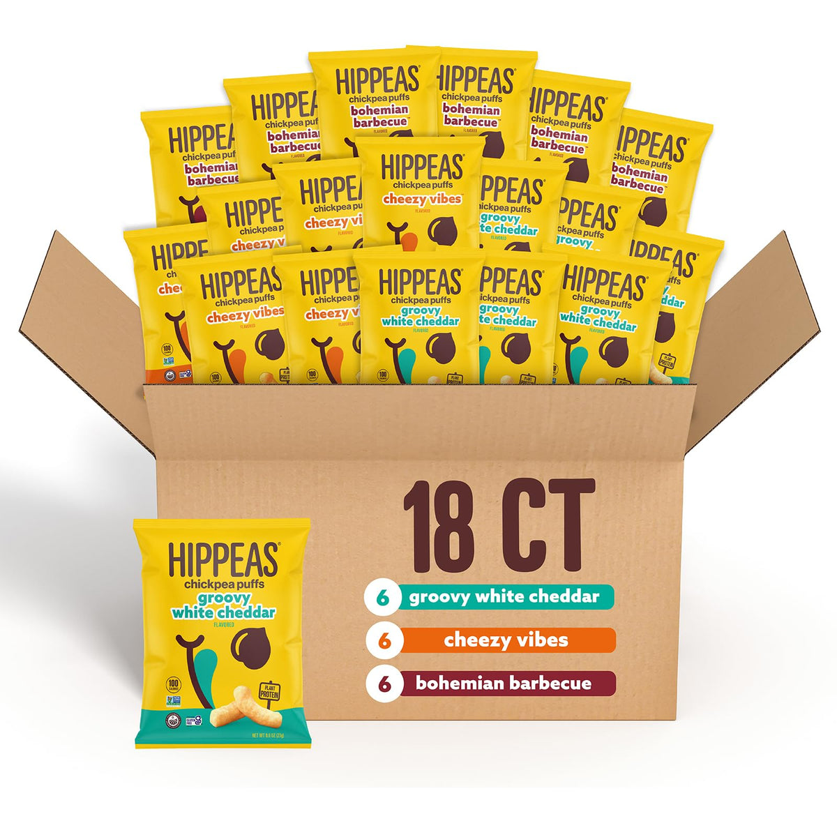 HIPPEAS Chickpea Puffs Variety Pack on shelf shows vegan crunch for craving satisfaction