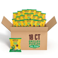 HIPPEAS Grillo's Dill Pickle puffs bag showing a crunchy plant-based snack on the go.