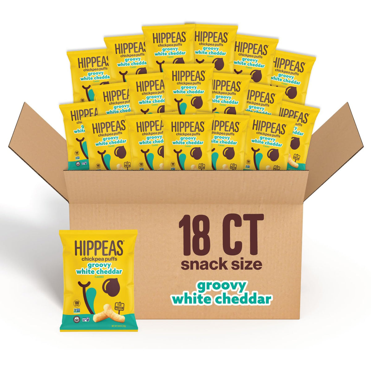 HIPPEAS Groovy White Cheddar puffs in a resealable pack, gluten-free vegan snack for movie night