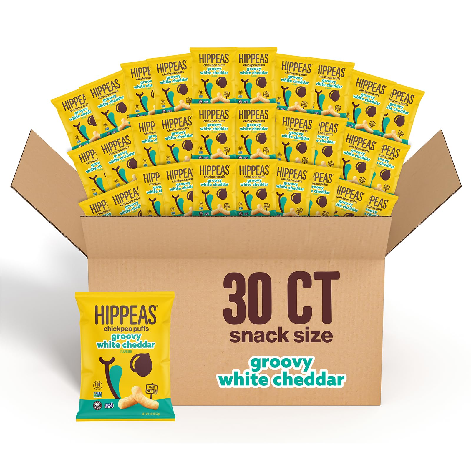 HIPPEAS Groovy White Cheddar puffs packaging, ideal for on-the-go snacking.