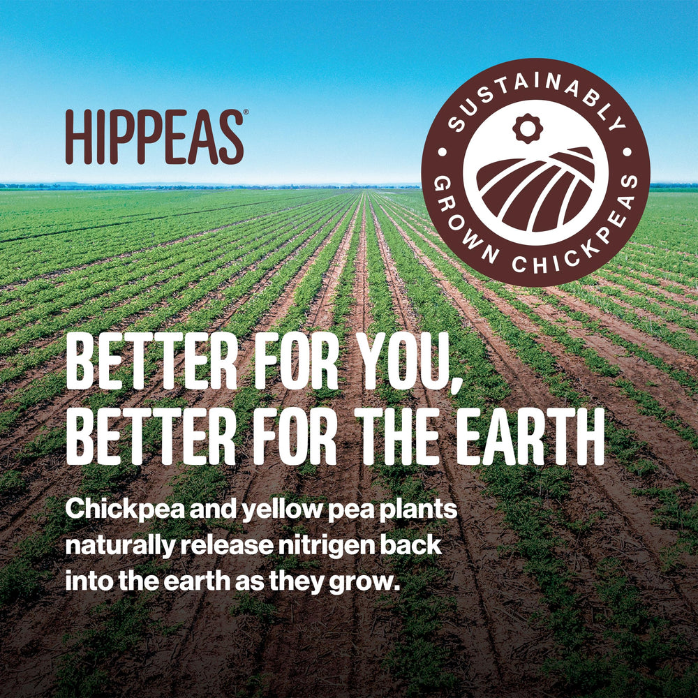 Eco-friendly HIPPEAS packaging highlights planet-friendly snacking with chickpeas.