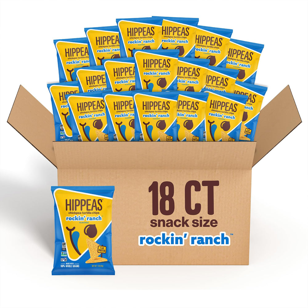 HIPPEAS Rockin' Ranch chickpea tortilla chips in a bag for on-the-go snacking