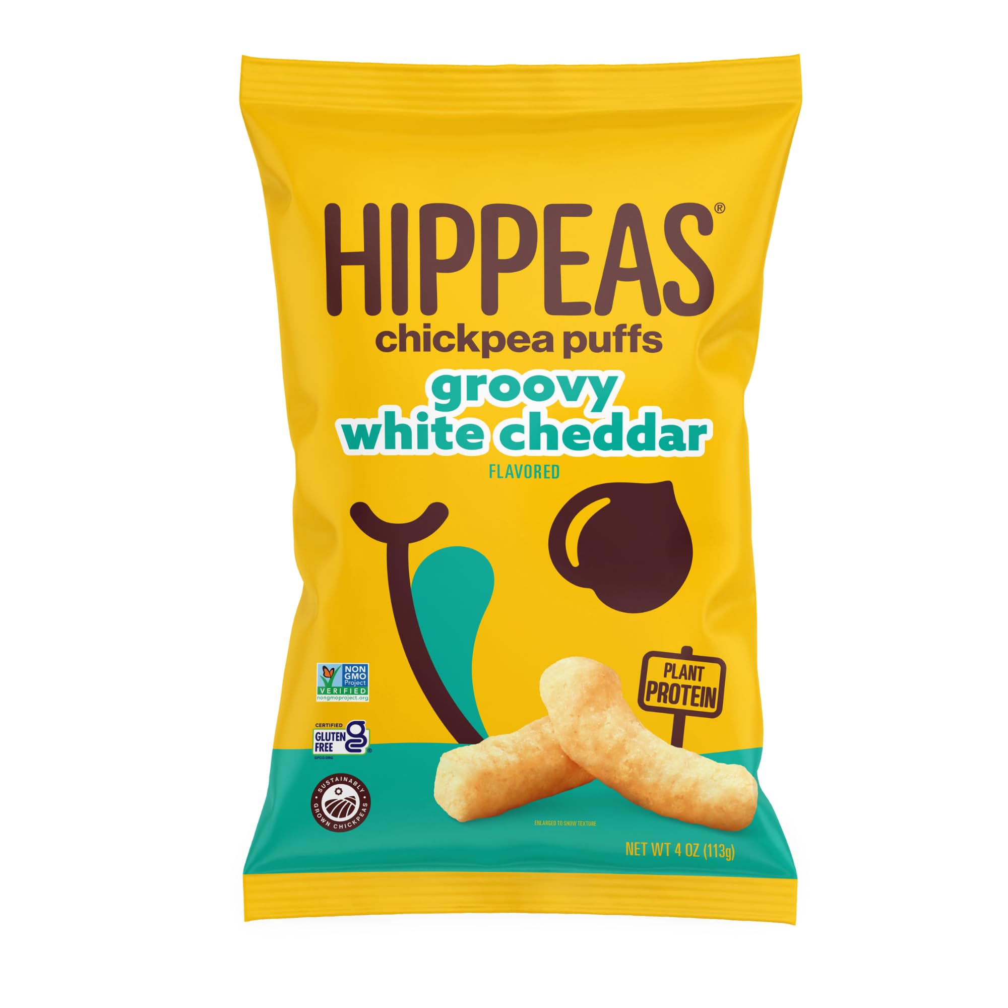 HIPPEAS vegan white cheddar puffs in a 4oz bag highlight plant protein and gluten-free snacking.