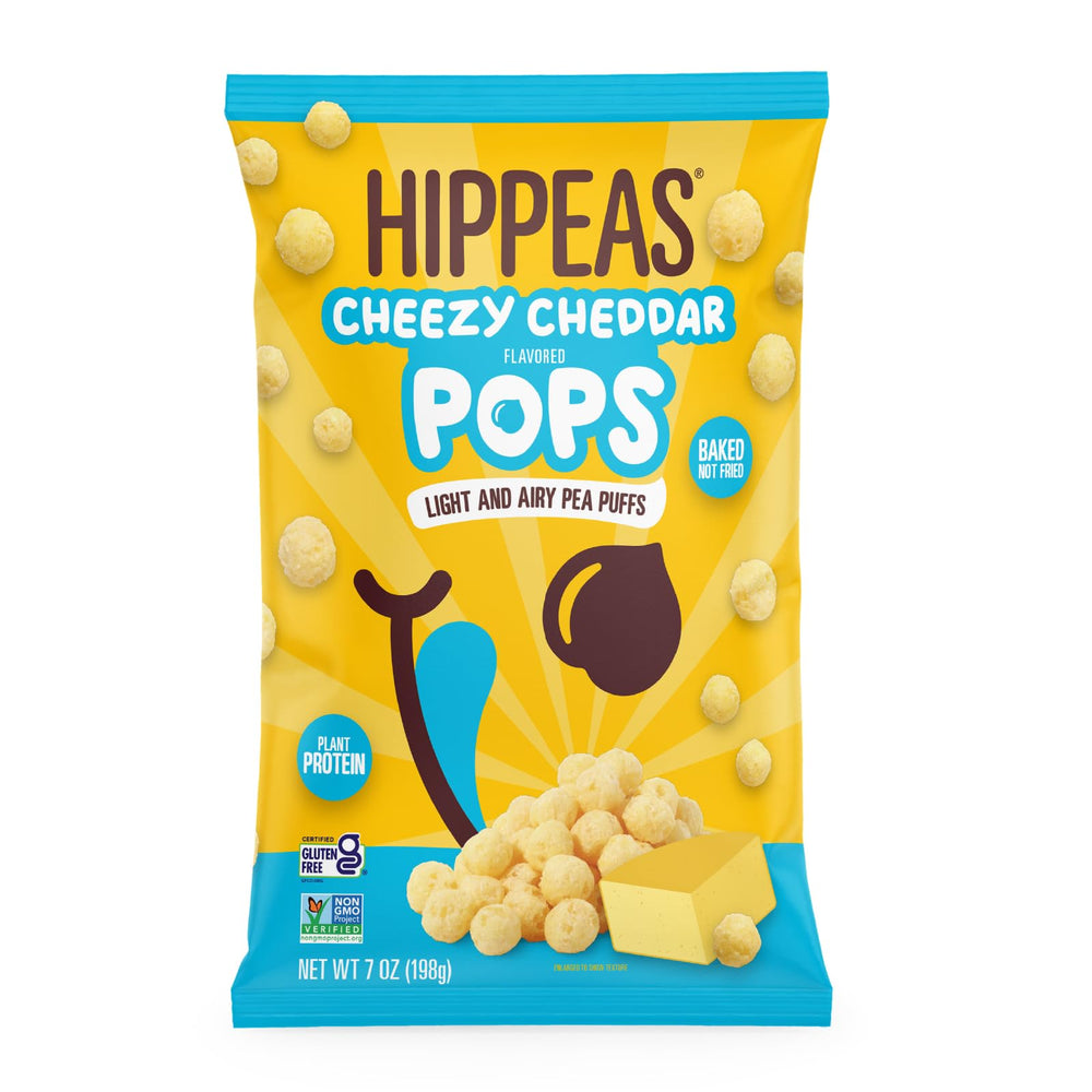 HIPPEAS Yellow Pea Pops cheddar bag front, plant-based snack with bold branding.