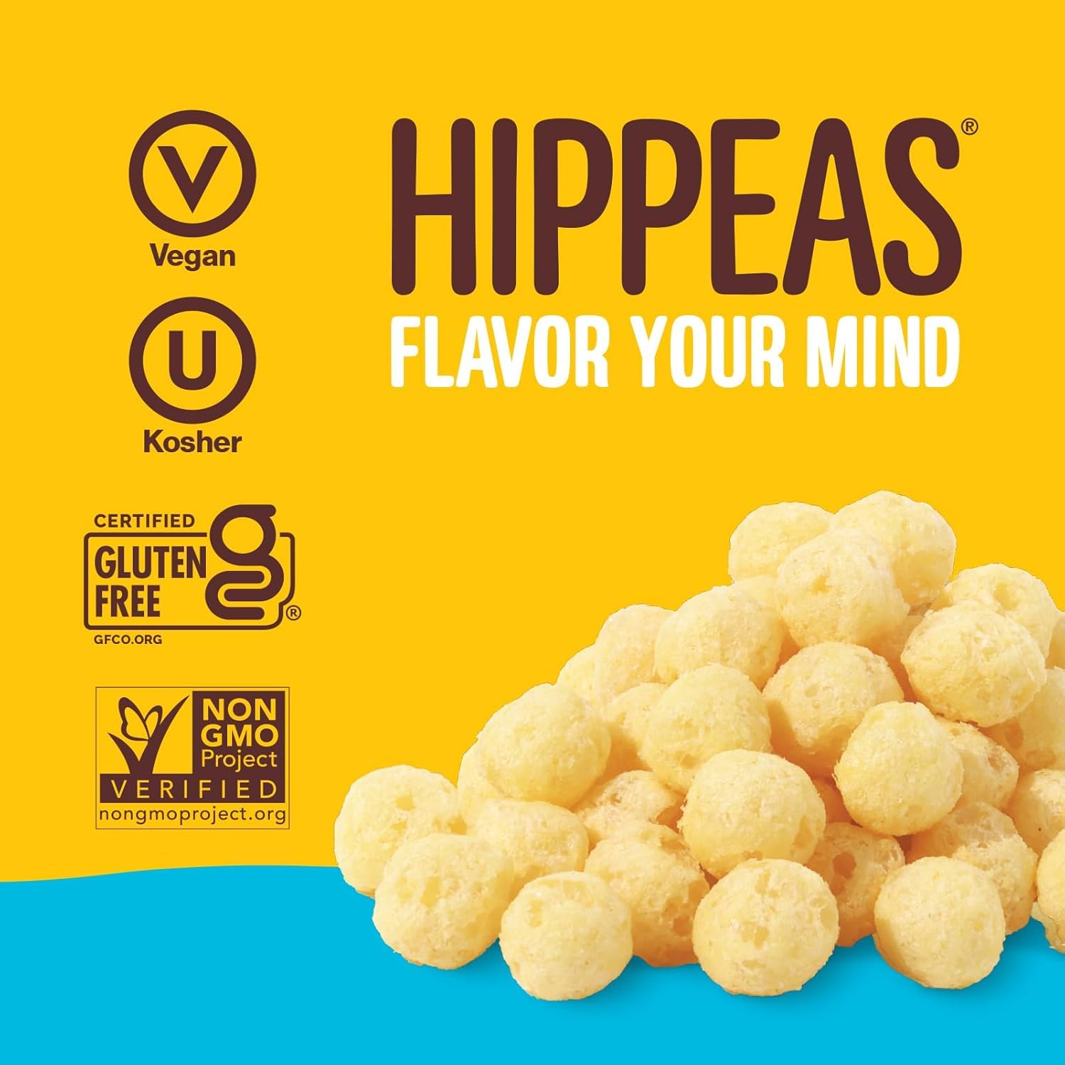 HIPPEAS Yellow Pea Pops in a bowl, fiber-rich plant-based snack option.