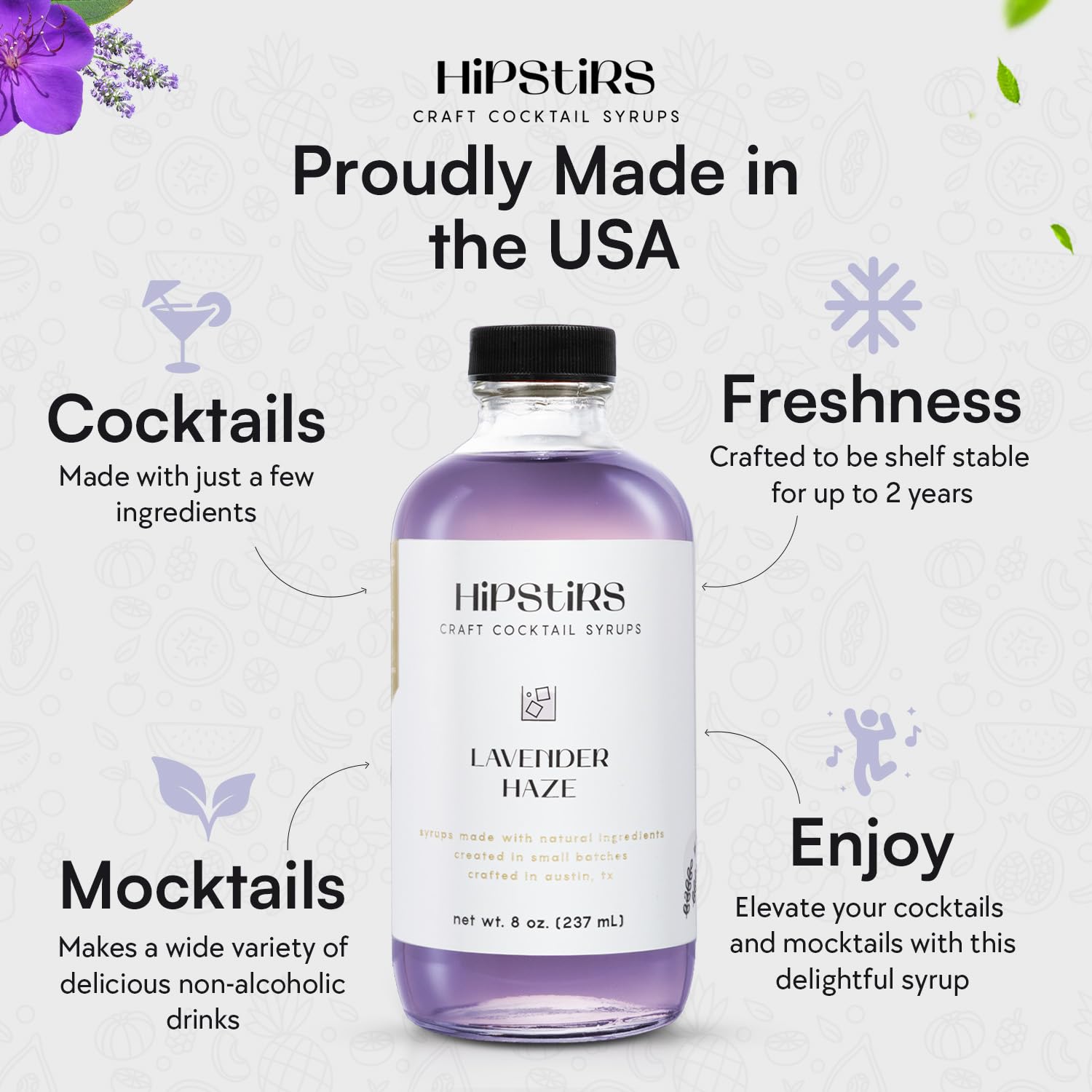 HipStirs Lavender Haze Syrup bottle with label highlighting natural ingredients