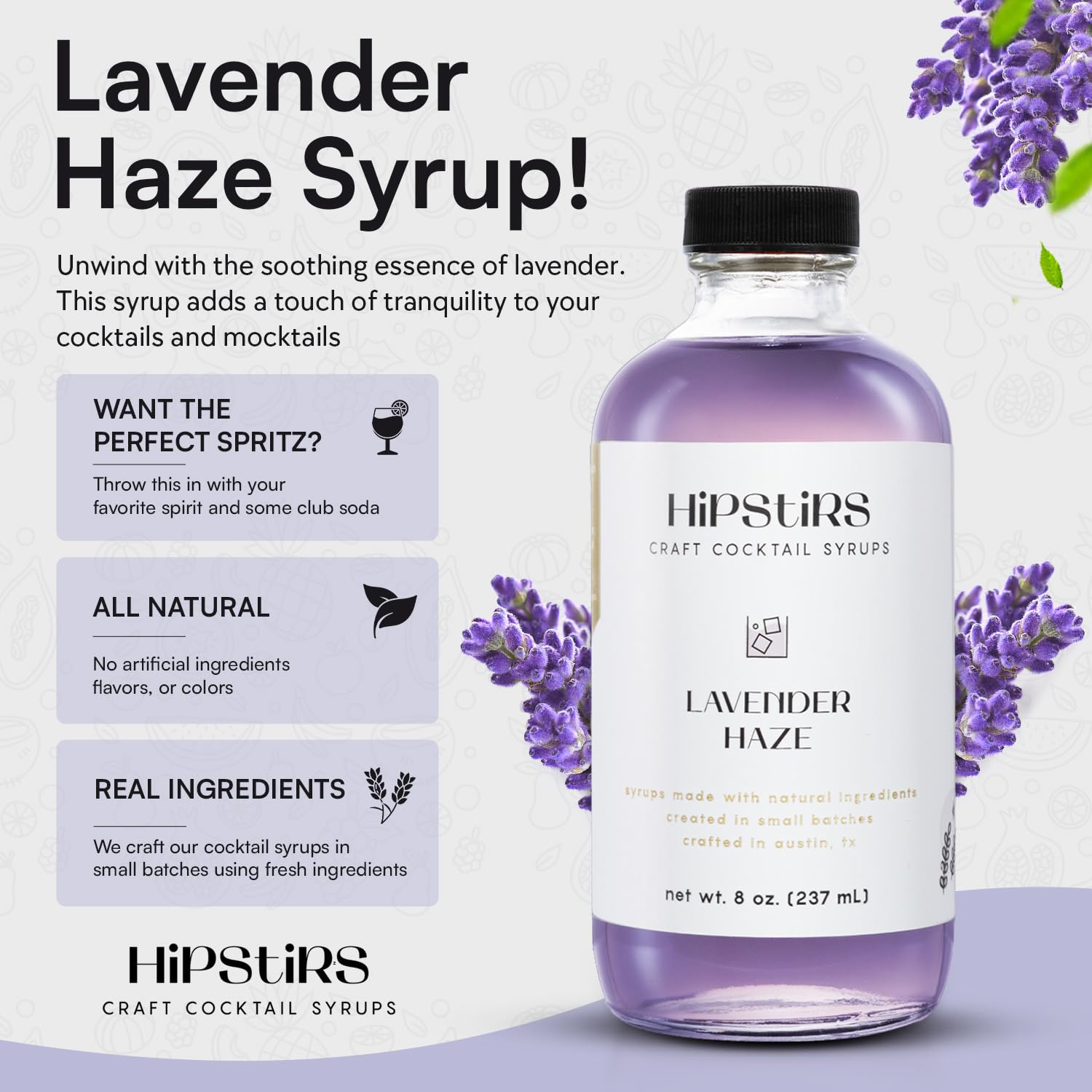 Glass of lavender cocktail featuring HipStirs Lavender Haze Syrup