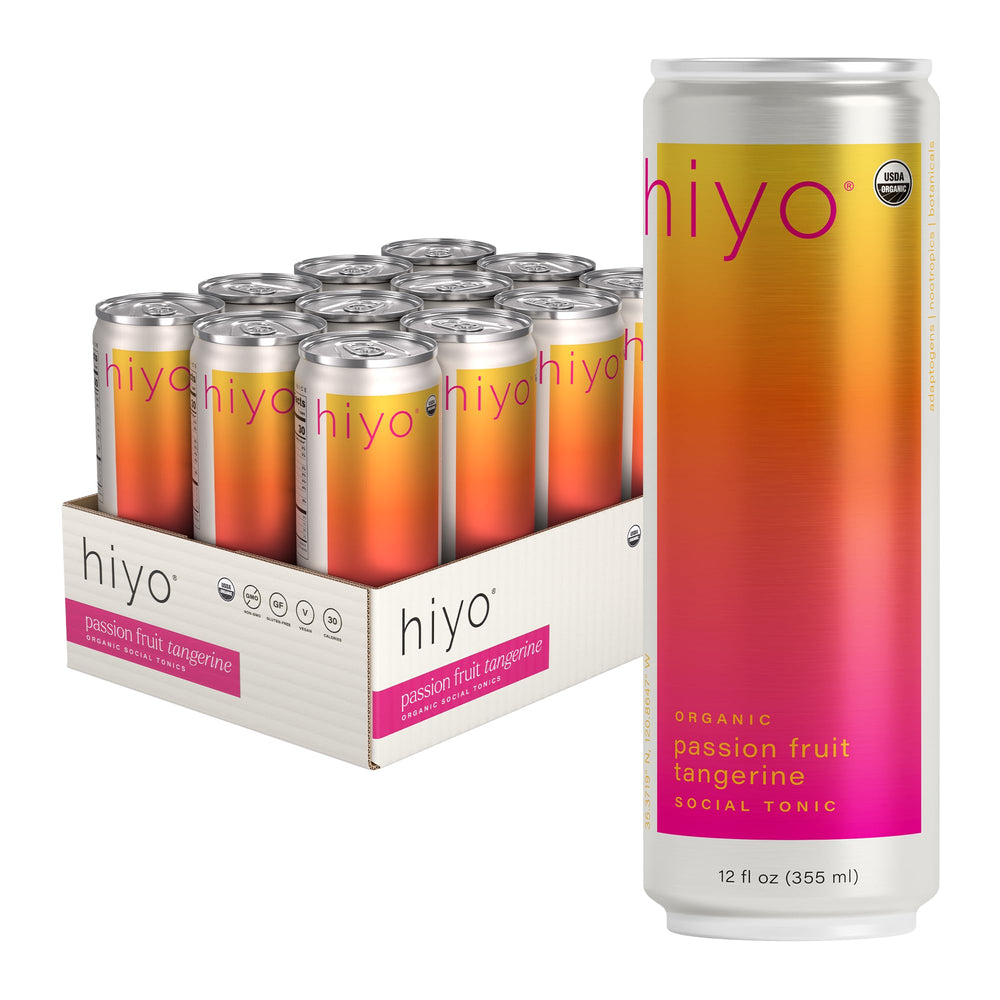 Hiyo Organic Social Tonic can with passion fruit and tangerine aroma for a tropical flavor lift.