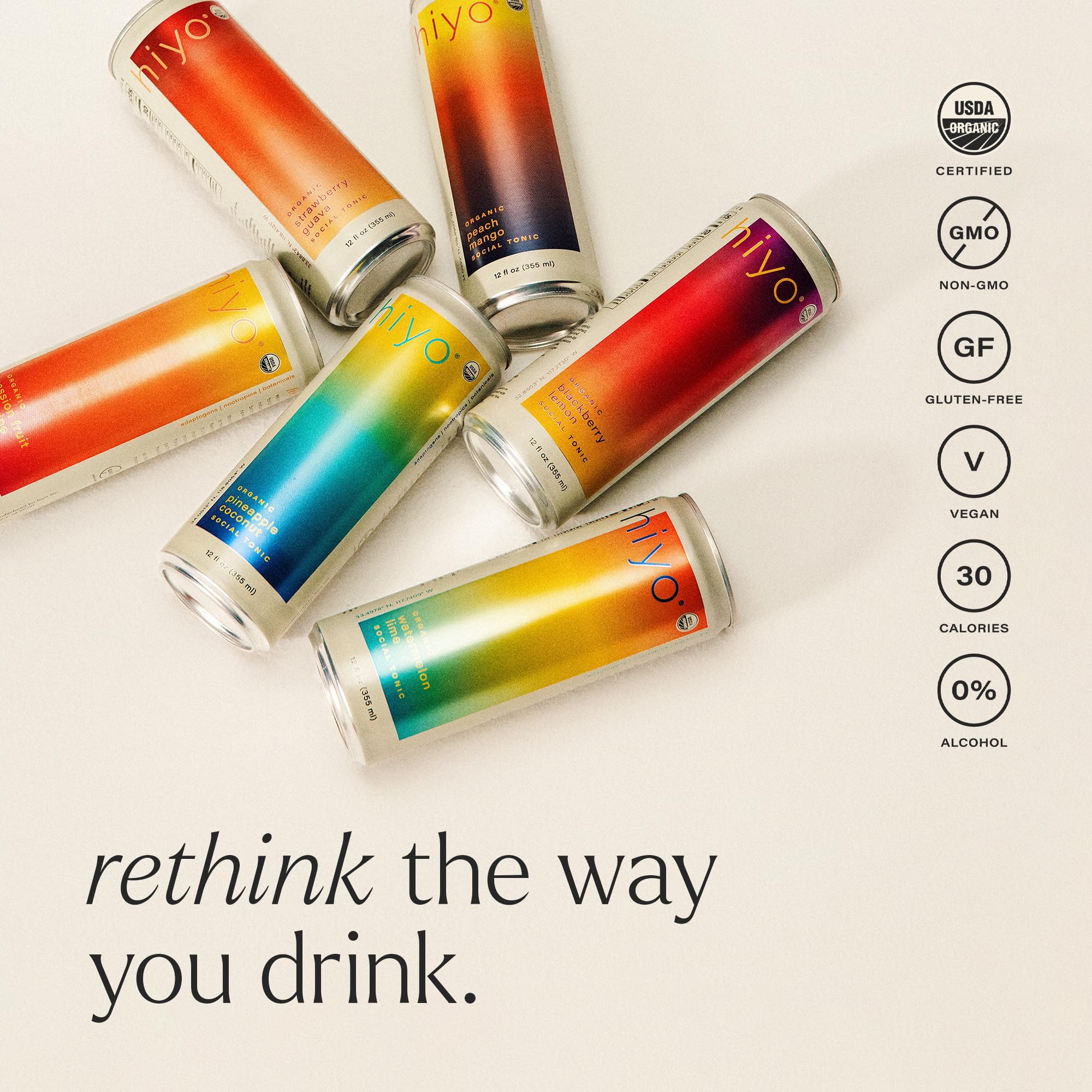 HIYO Peach Mango Social Tonic brand shot conveys vibrant, healthy beverage choice