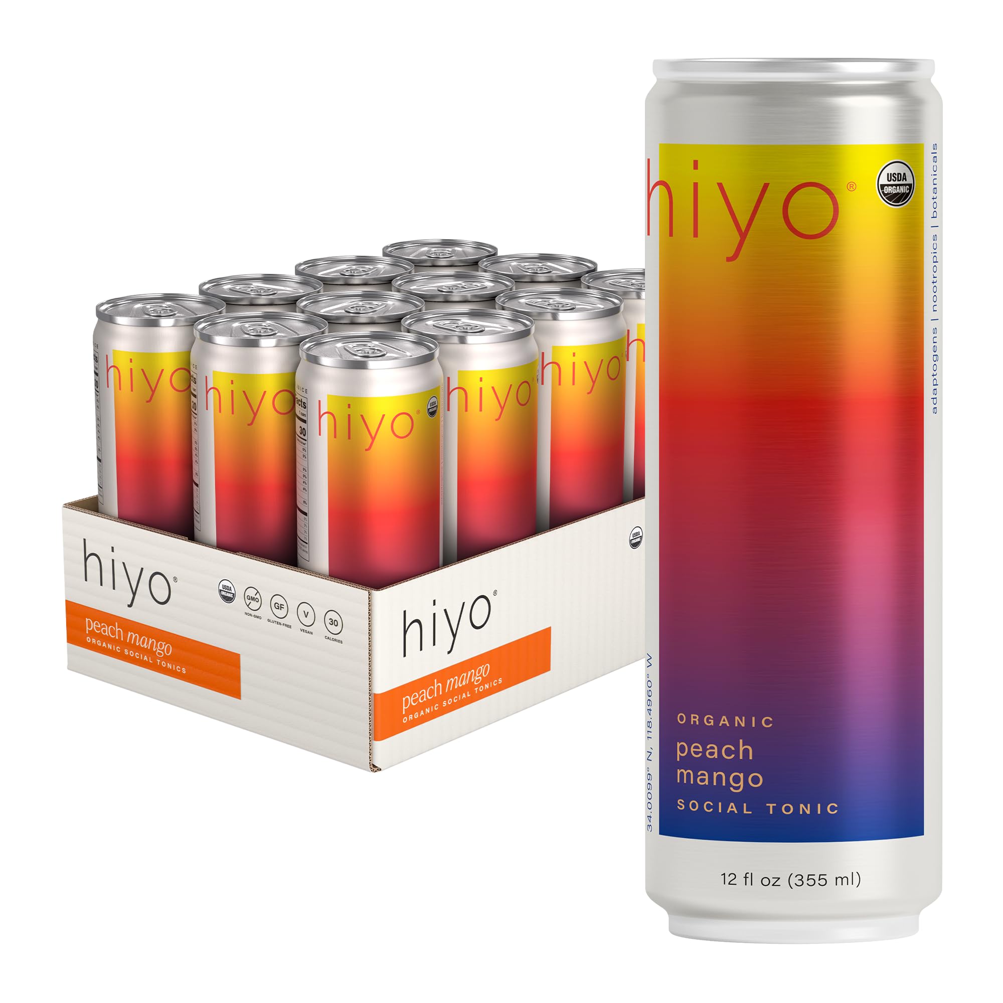 HIYO Peach Mango Social Tonic can on a white surface, inviting a refreshing moment.