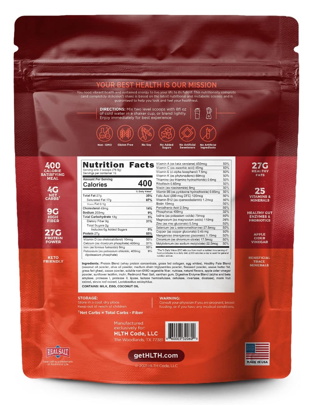 HLTH CODE complete meal replacement chocolate macadamia serving, quick shake for busy mornings.