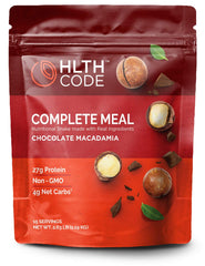 HLTH CODE complete meal replacement chocolate macadamia tub, convenient protein-packed meal option.