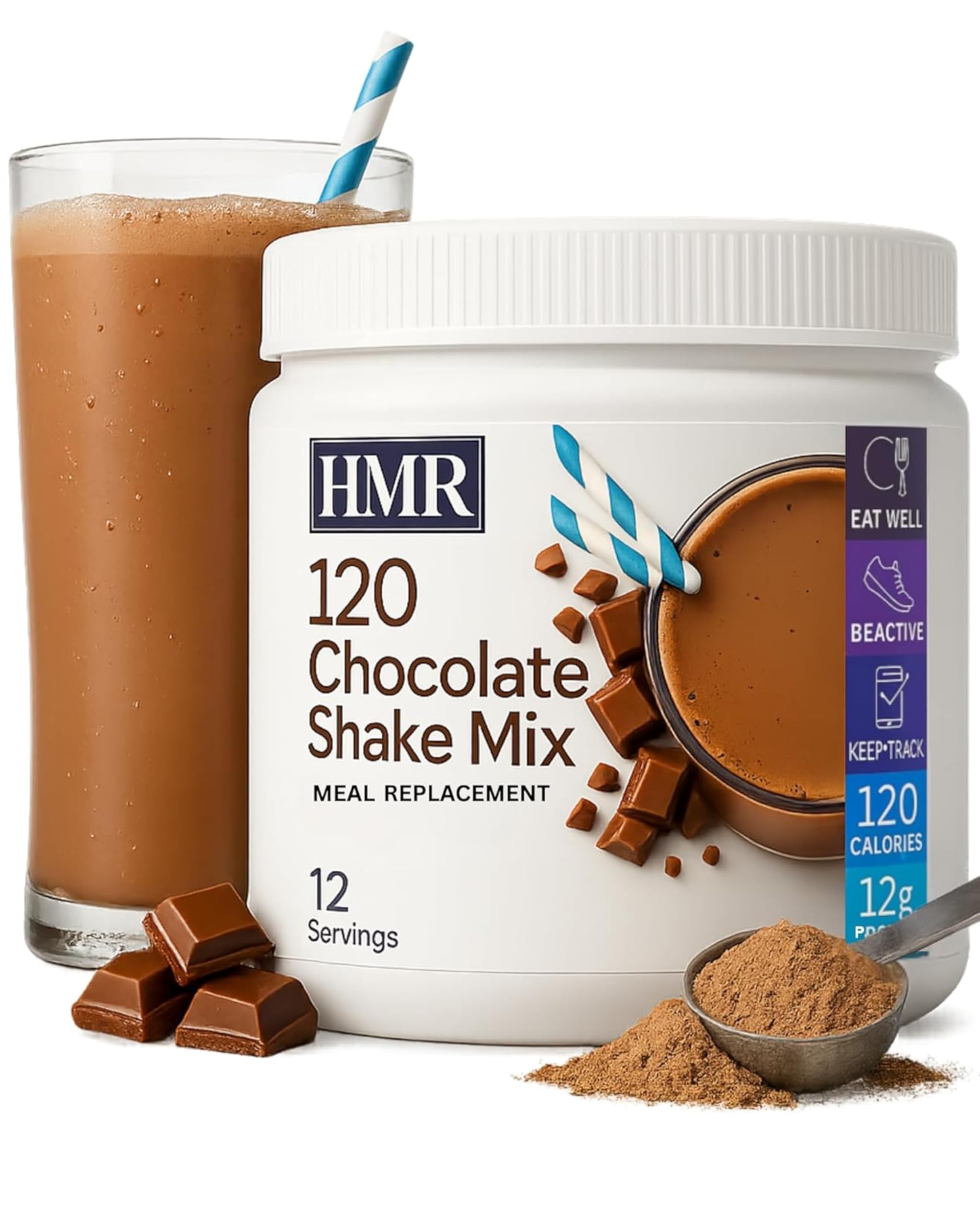 HMR 120 chocolate shake powder demonstrates a calorie-conscious meal replacement option.