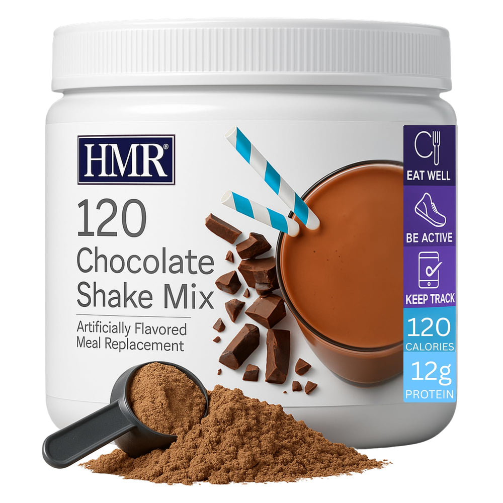 Nutrition panel close-up highlighting vitamins and minerals on HMR 120 Shake chocolate.