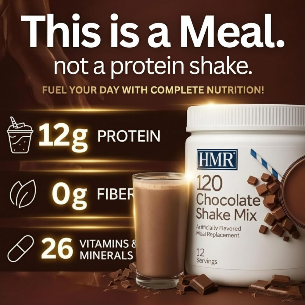 Creamy, ready-to-drink HMR 120 Shake chocolate in a glass.