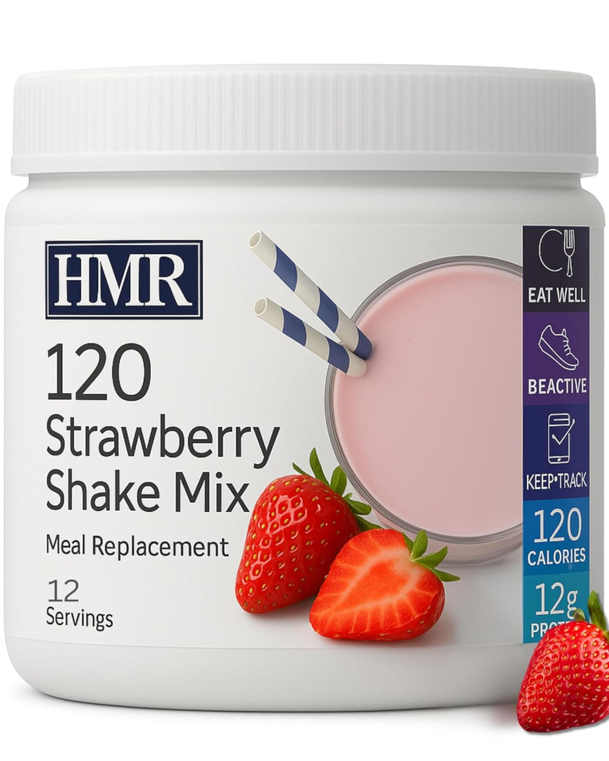 HMR 120 Shake strawberry tub showcases convenient meal replacement.