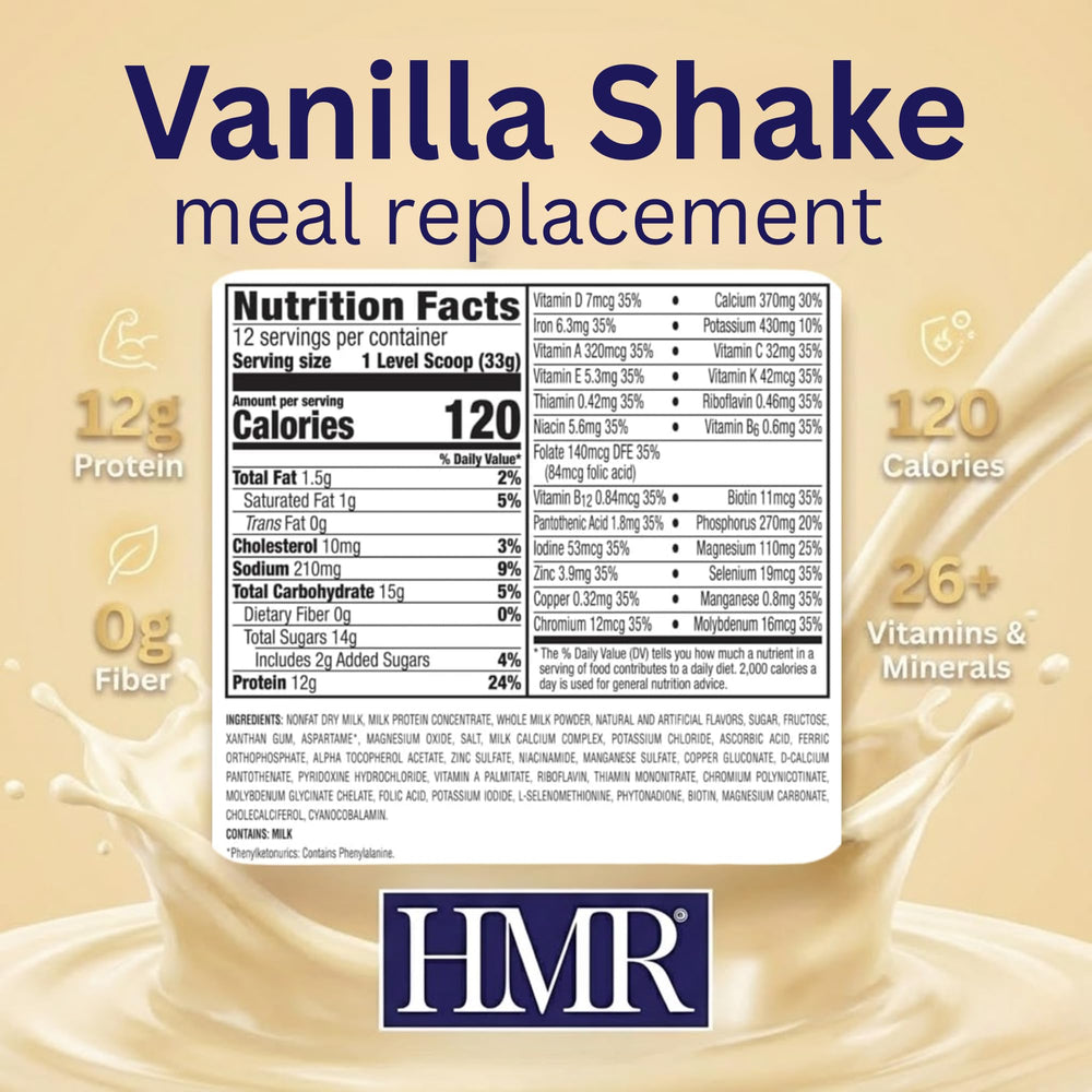HMR 120 Vanilla Shake canister highlighting protein-packed powder