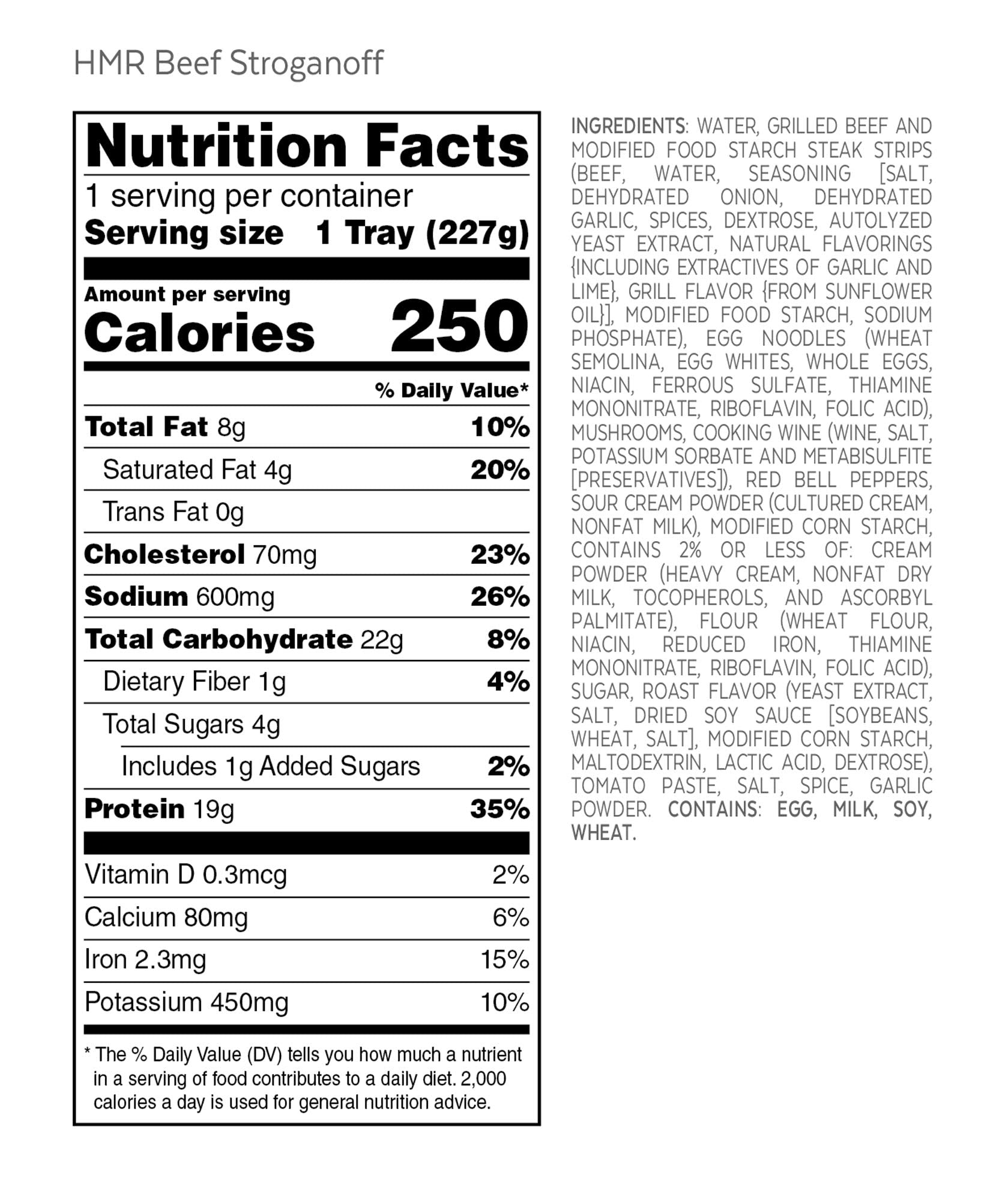 HMR beef stroganoff with 8oz serving for portion-controlled meals.