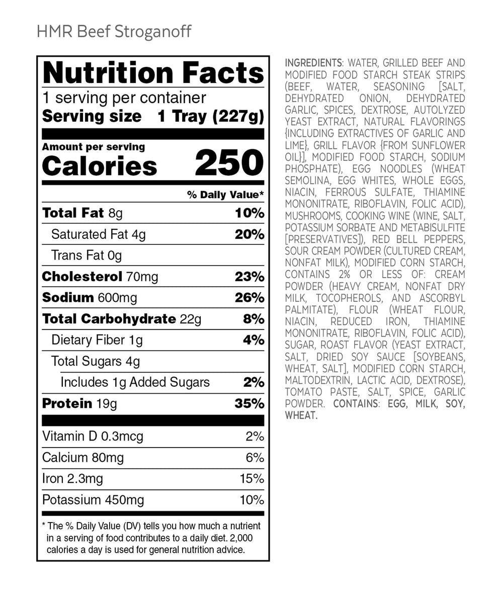 HMR beef stroganoff with 8oz serving for portion-controlled meals.