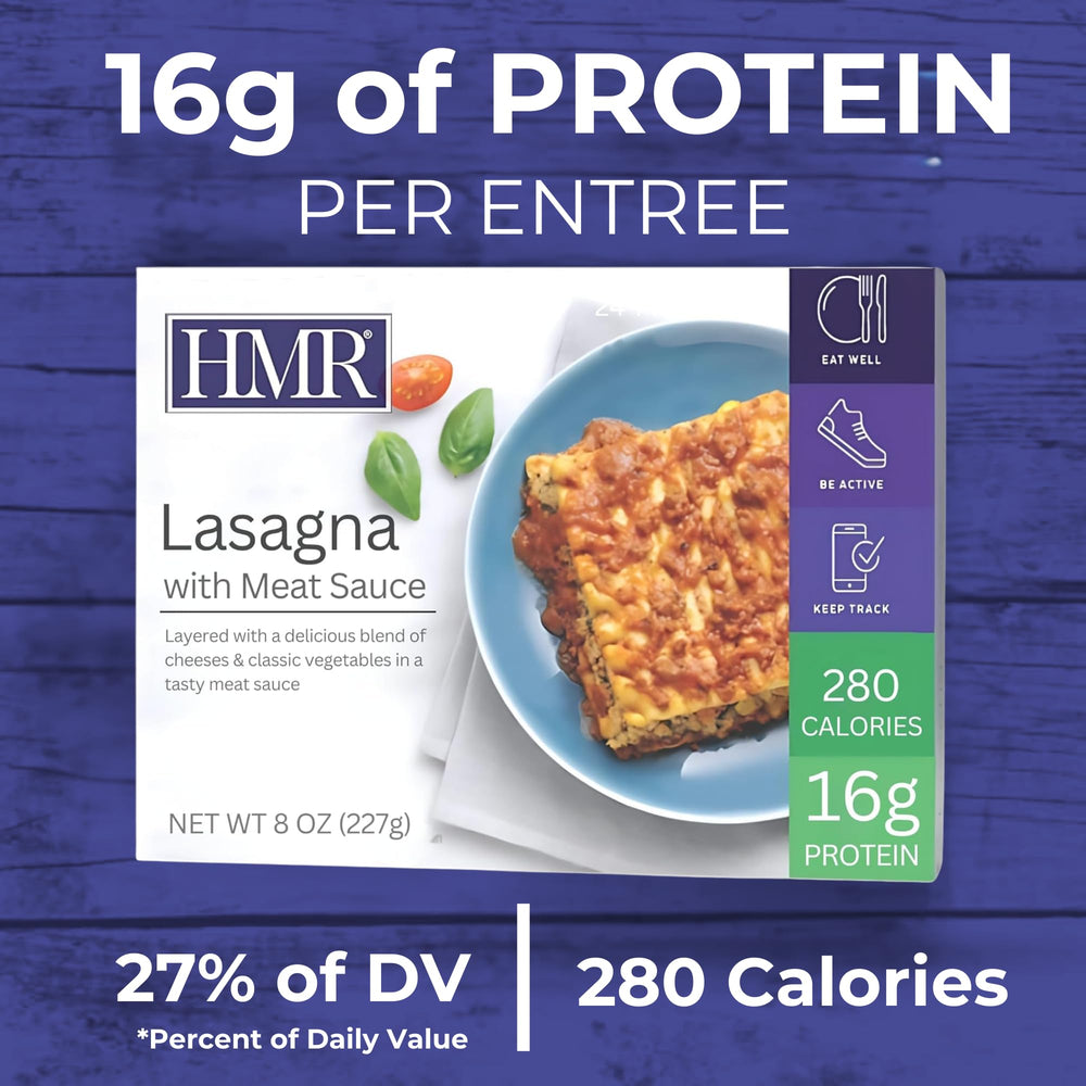 HMR Lasagna entrée plated to show 16g protein for a satisfying meal.