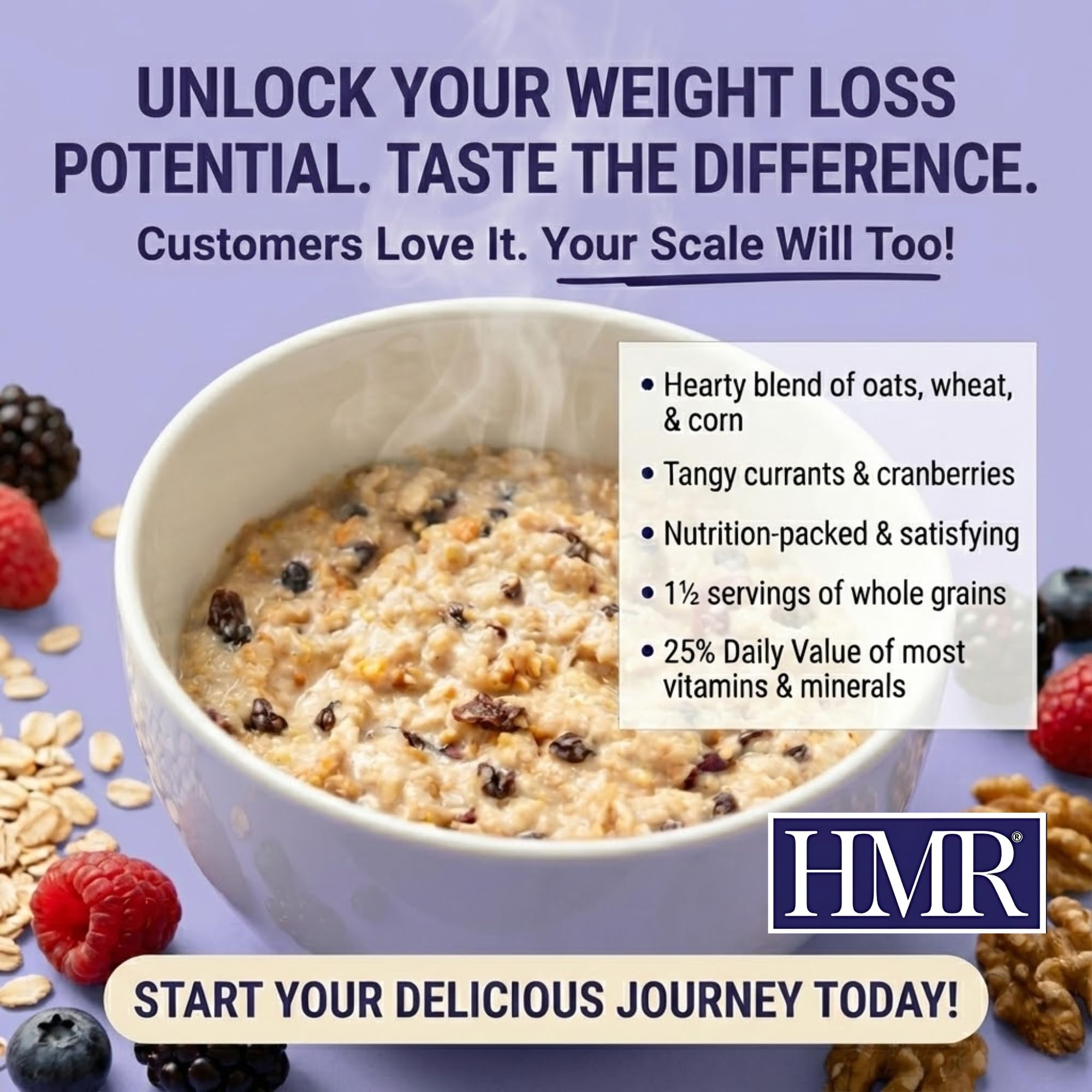 HMR multigrain hot cereal packaging on kitchen counter for portion-controlled meals.