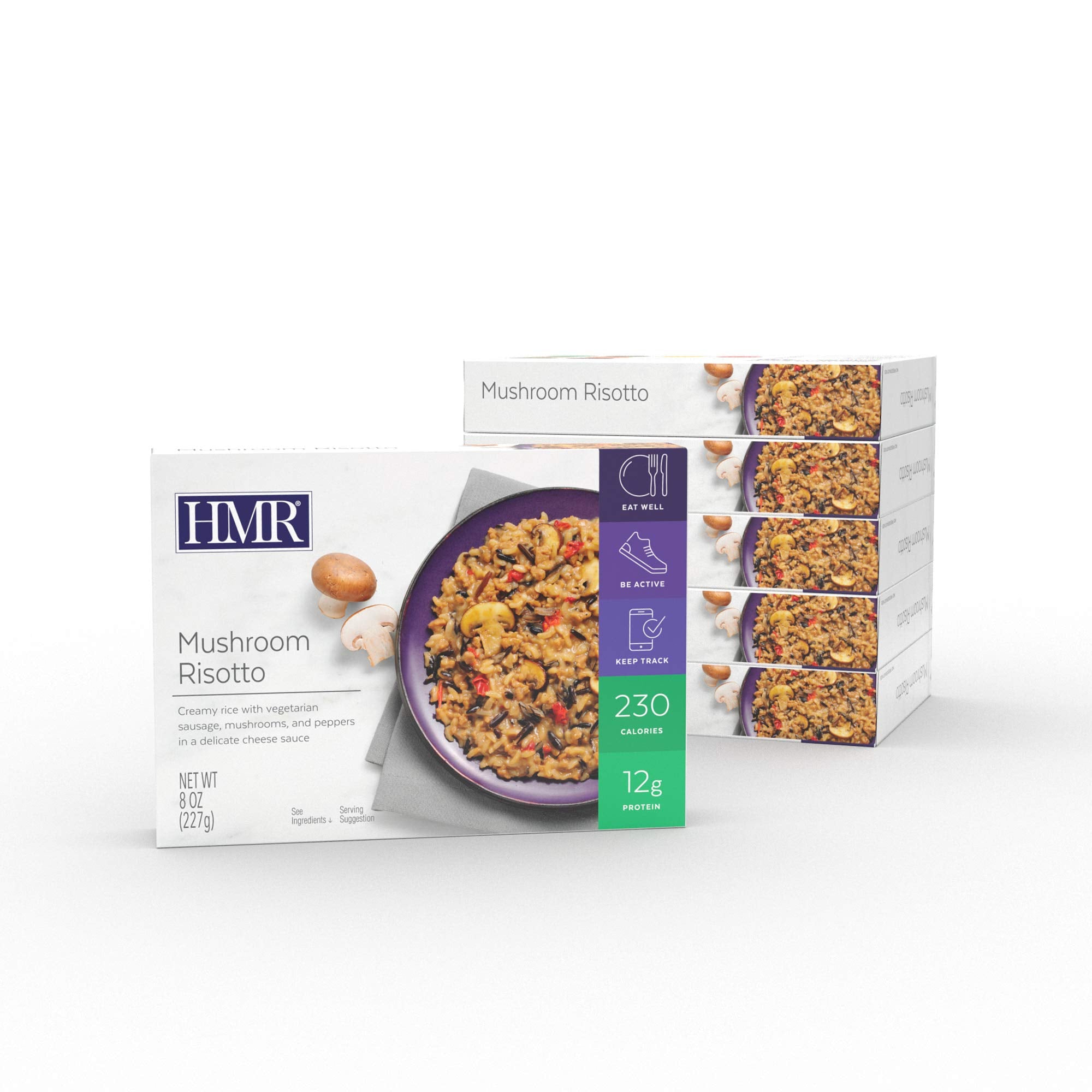 HMR Mushroom Risotto Entrée nutrition label highlights 12g protein and 4g fiber.