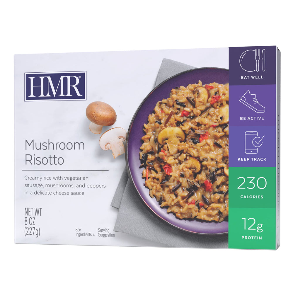 HMR Mushroom Risotto Entrée packaging close-up shows clear labeling.
