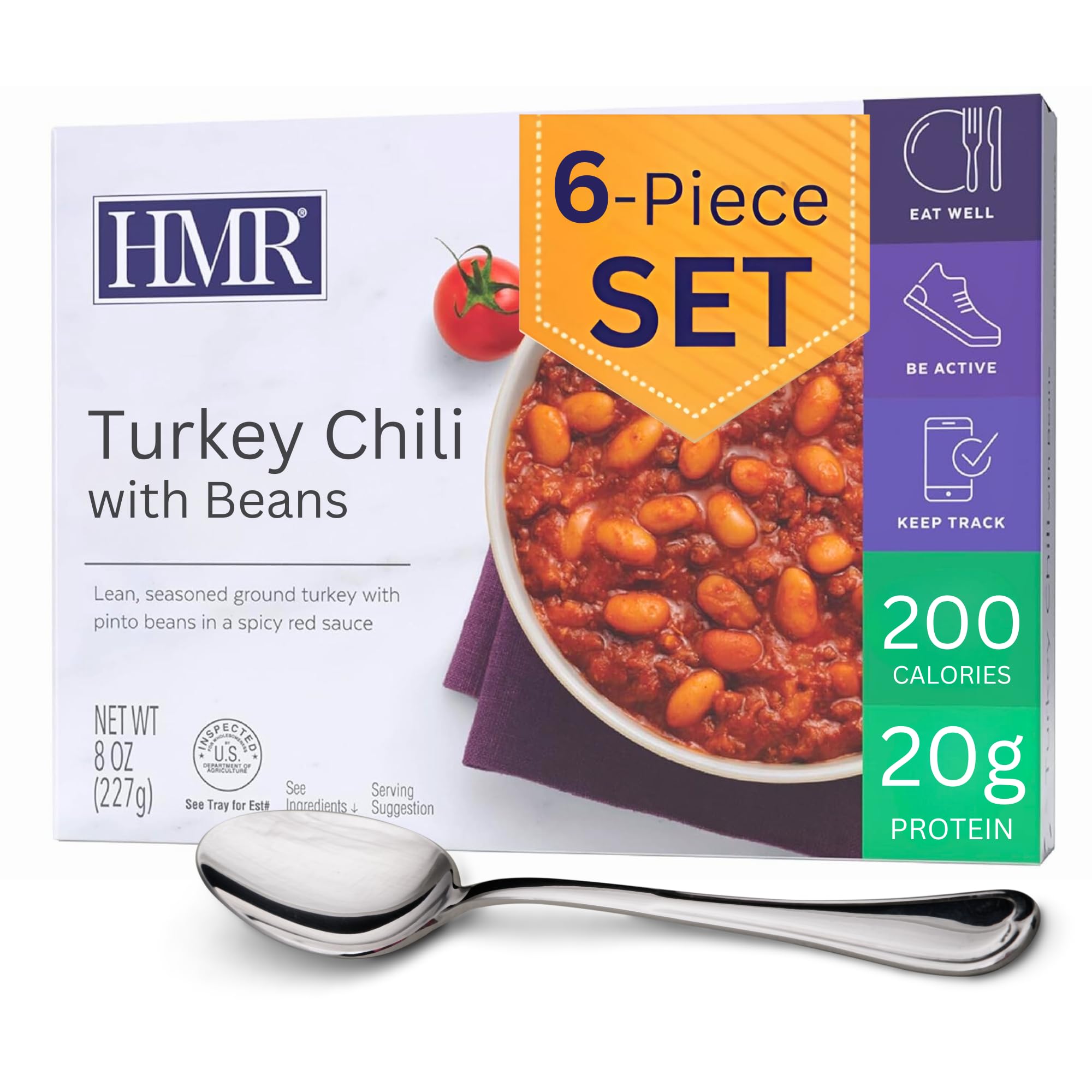 HMR turkey chili with beans entree pack on counter, convenient shelf-stable lunch option