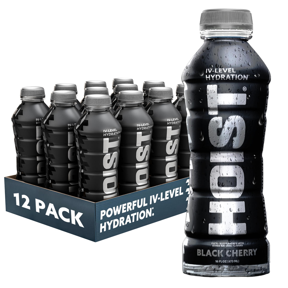 HOIST Black Cherry bottle front view for quick hydration.