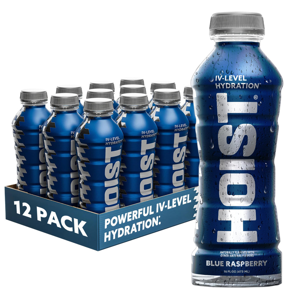 HOIST Blue Raspberry bottle highlighting IV-level hydration for athletes