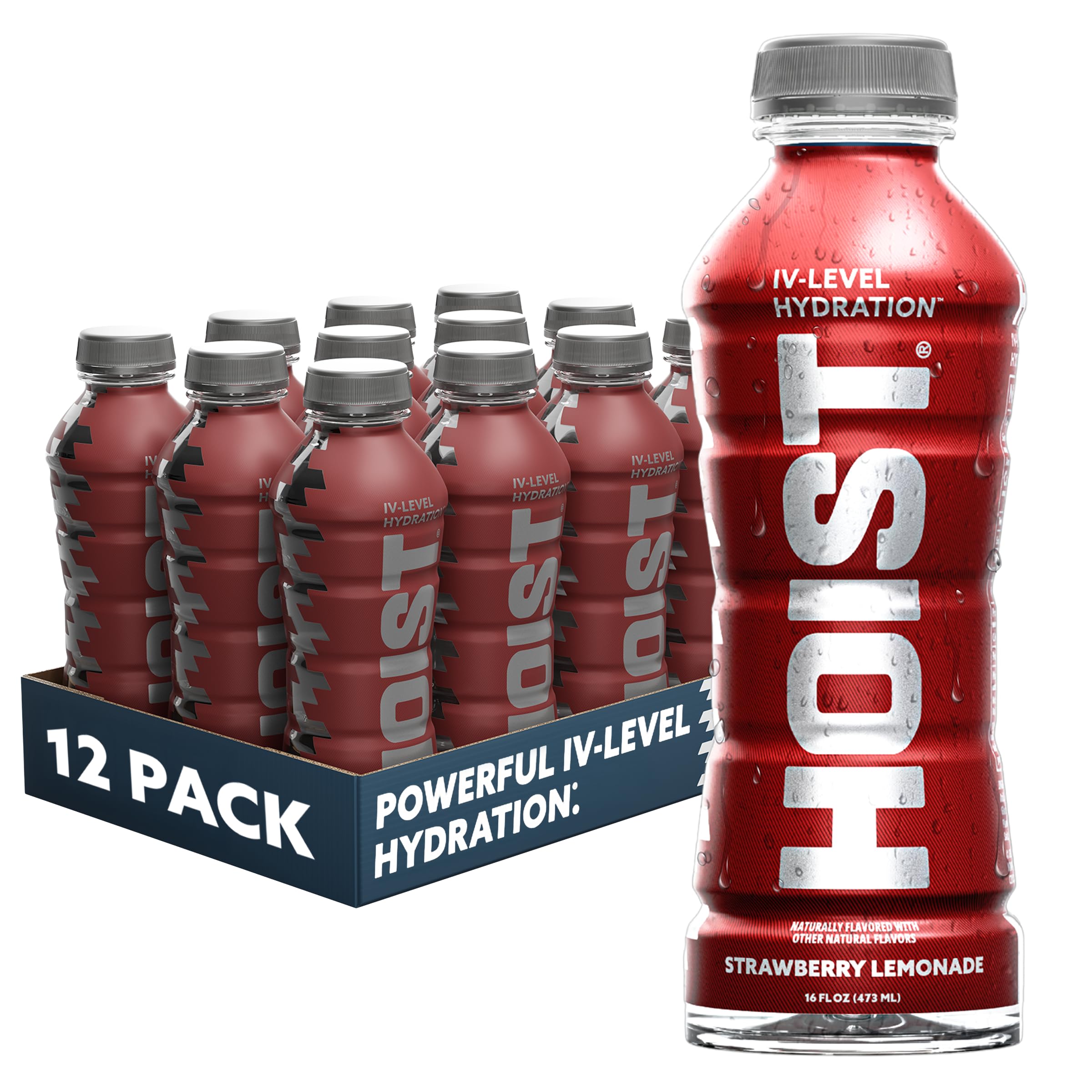HOIST bottle pouring strawberry lemonade for quick hydration during workouts.