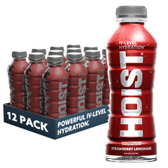 HOIST bottle pouring strawberry lemonade for quick hydration during workouts.