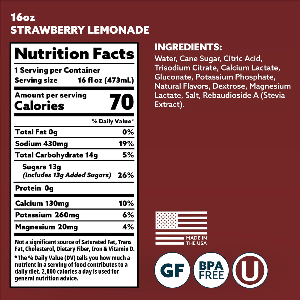 HOIST bottle close-up of strawberry lemonade label highlighting electrolyte blend for fast refreshment.