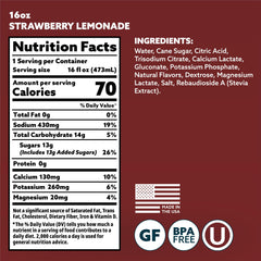 HOIST bottle close-up of strawberry lemonade label highlighting electrolyte blend for fast refreshment.