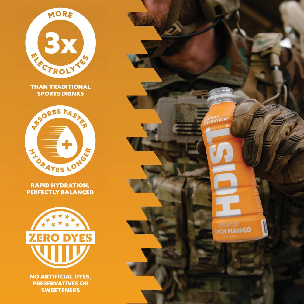 HOIST Premium Hydration glass captures refreshing Peach Mango flavor after a workout.