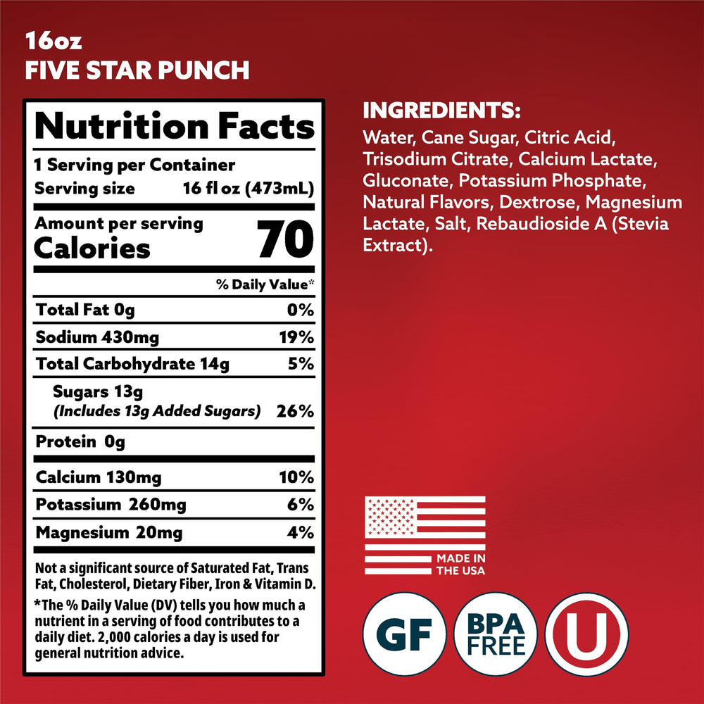 HOIST fruit punch bottle label highlighting a dye-free and clean hydration option.