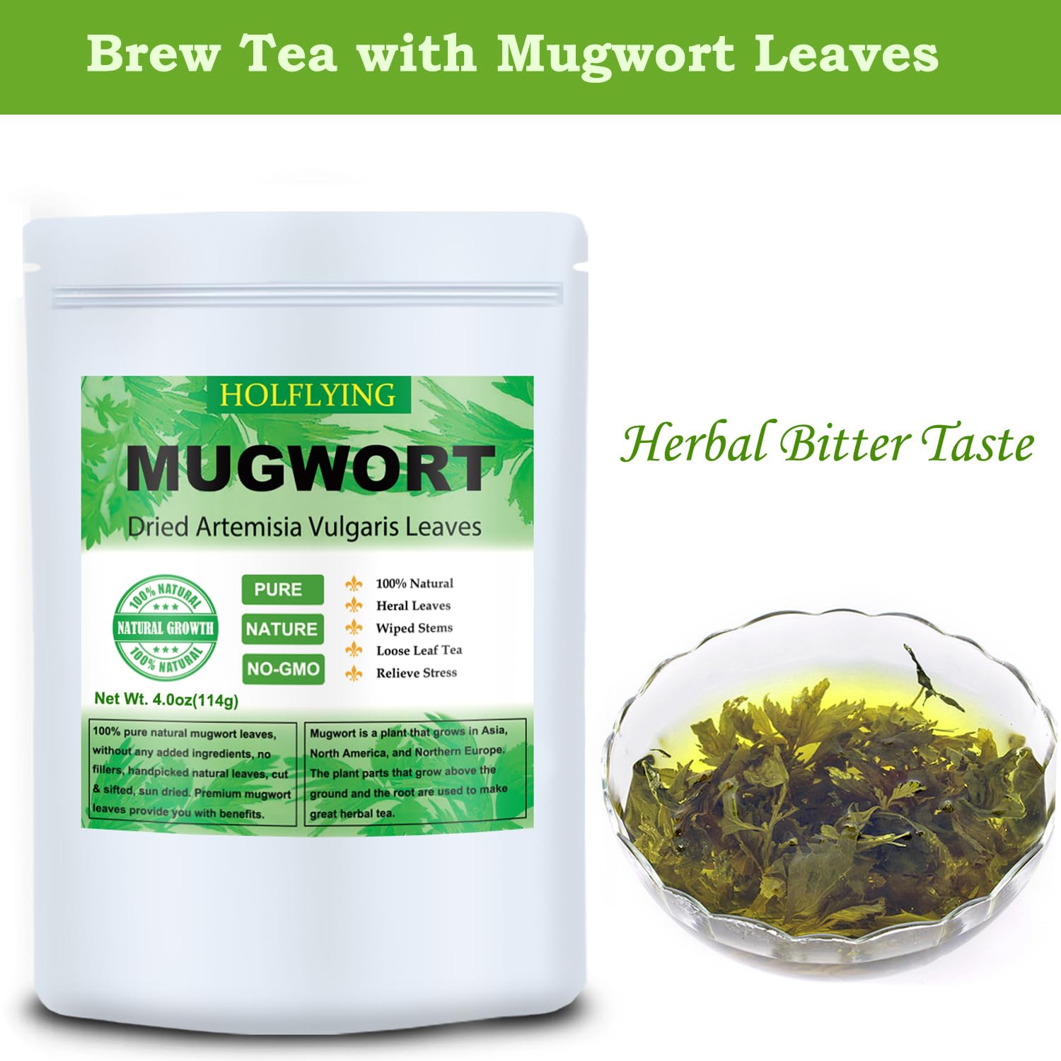 HOLFLYING mugwort leaves 114g bag shows convenient resealable packaging.