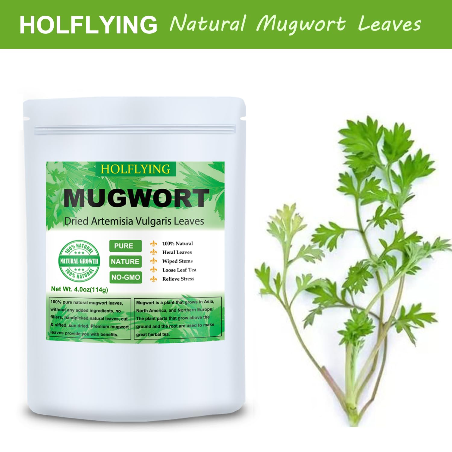 HOLFLYING mugwort leaves 200g bag provides ongoing freshness in a resealable pouch.
