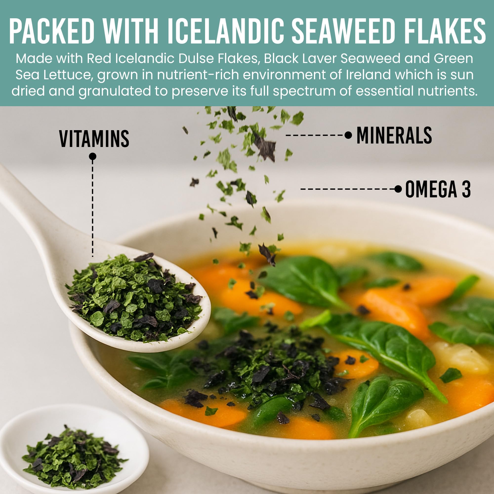 Holistic Bin triple Icelandic seaweed flakes black nori close-up showing mineral-rich flavor.