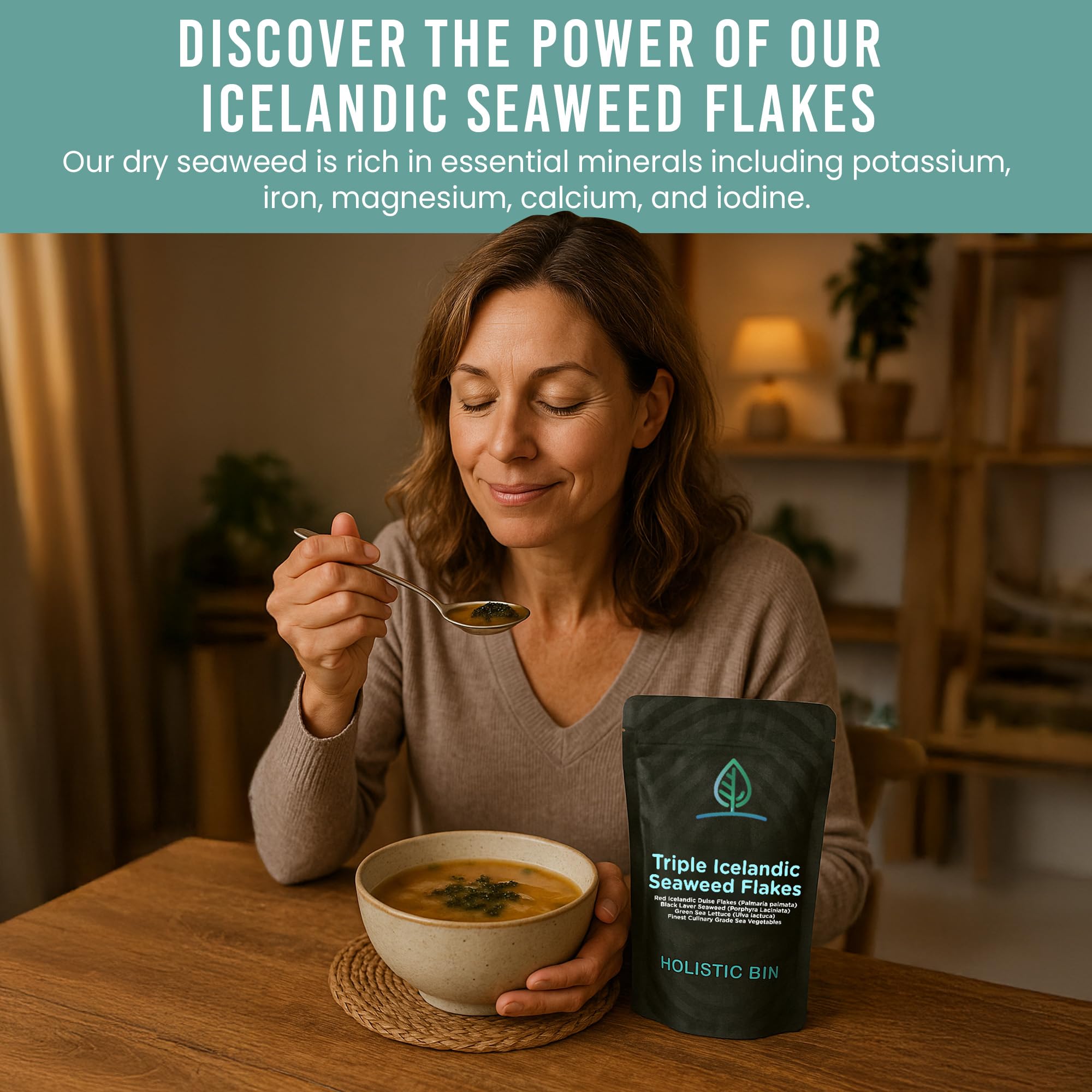 Holistic Bin triple Icelandic seaweed flakes added to miso soup for enhanced depth.