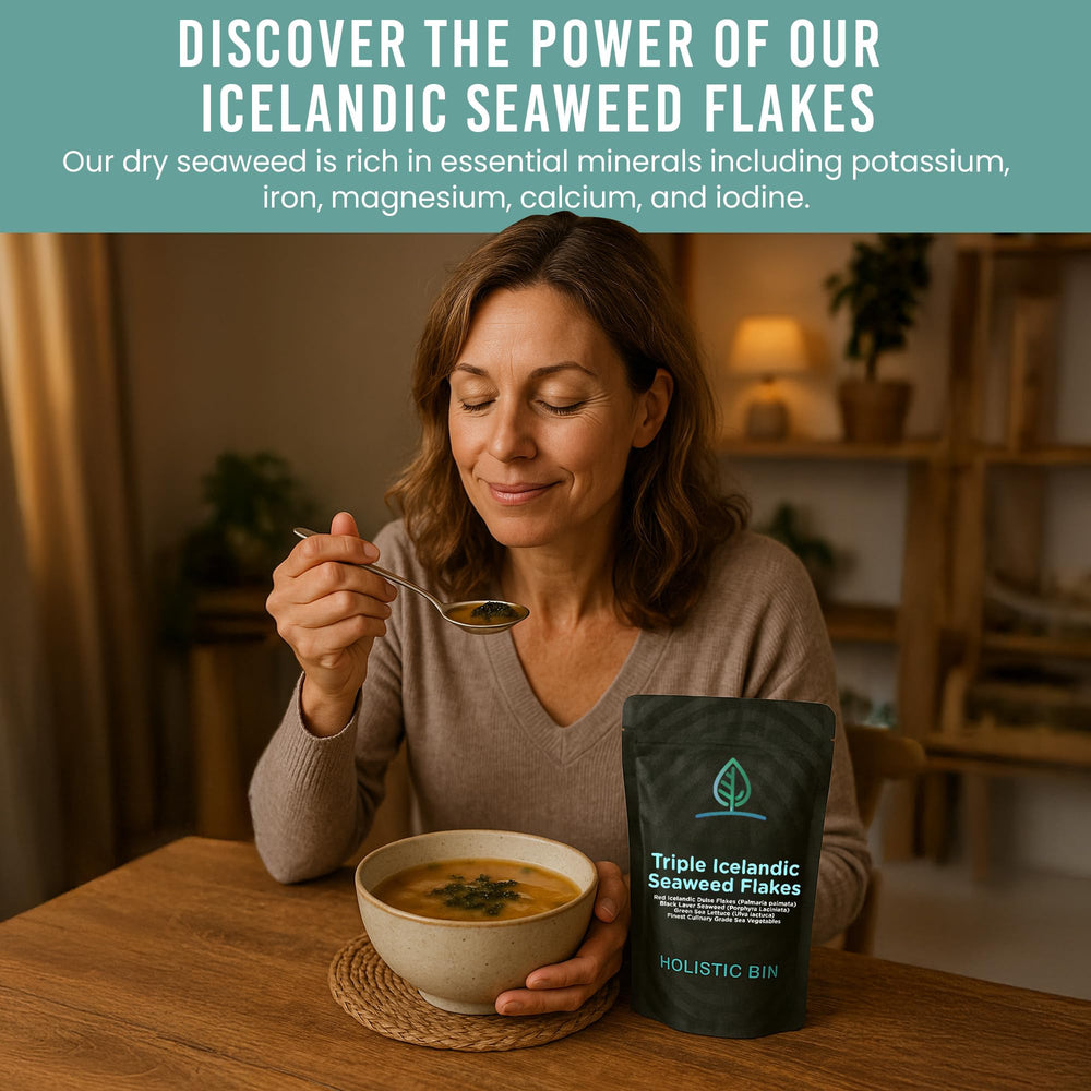 Holistic Bin triple Icelandic seaweed flakes added to miso soup for enhanced depth.