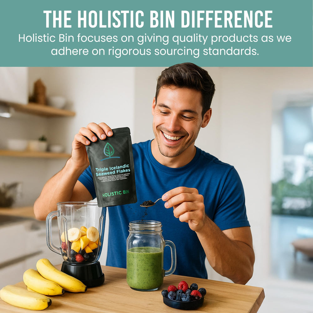 Holistic Bin triple Icelandic seaweed flakes sprinkled on a rice bowl for quick seasoning.