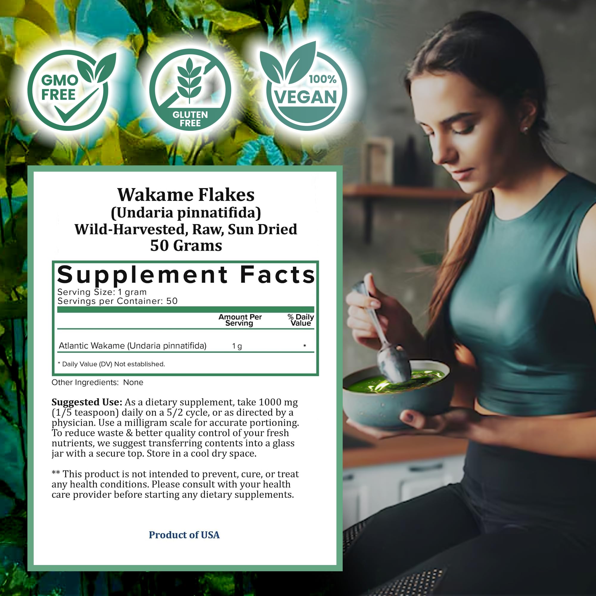 Holistic Bin Wakame seaweed bulk resealable bag emphasizes convenient storage and long-lasting freshness.