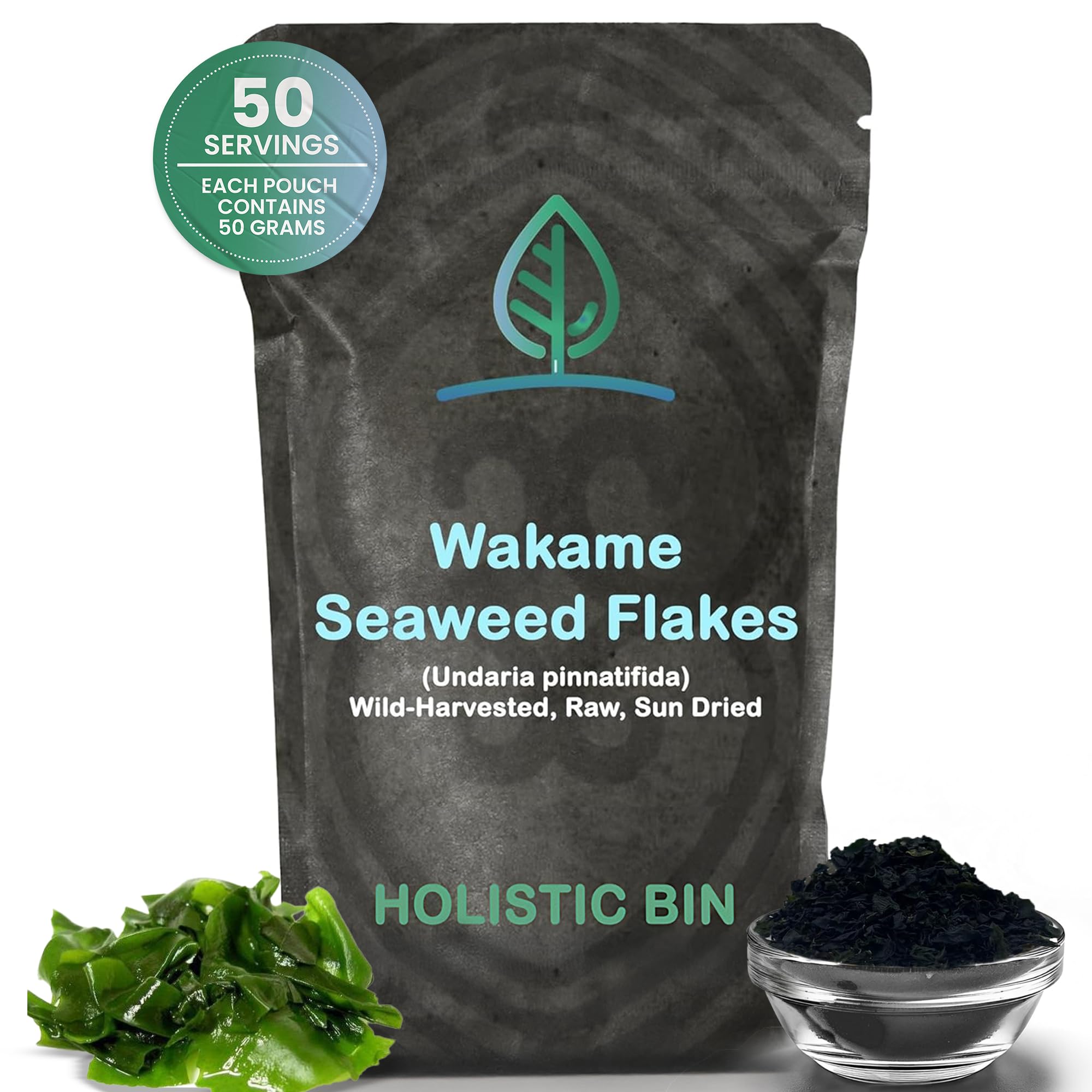 Holistic Bin Wakame seaweed flakes bag closeup highlighting a fresh pantry staple for soups.