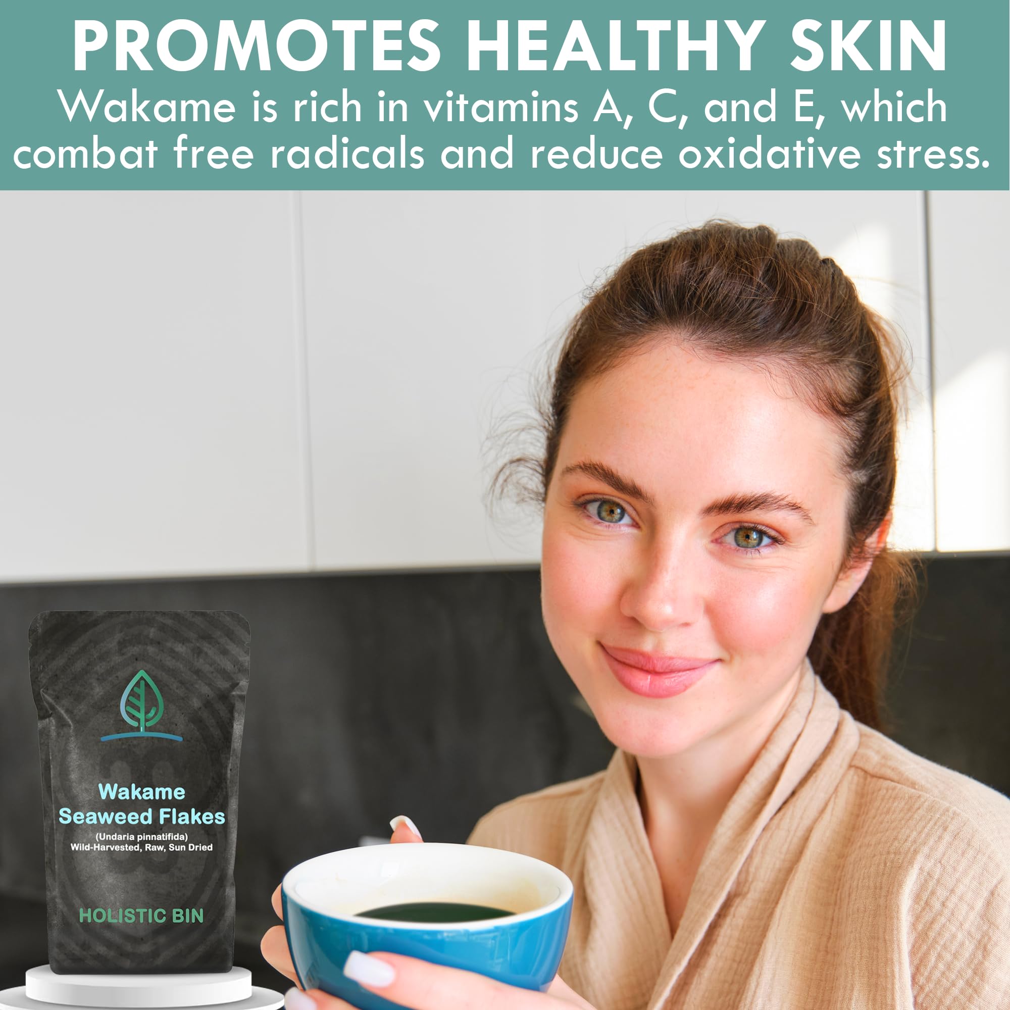 Holistic Bin Wakame seaweed flakes serve as a healthy snack alternative for light bites.
