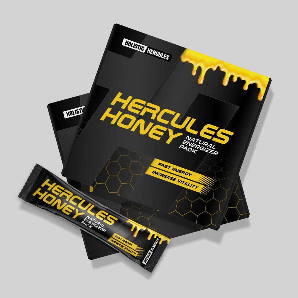 Holistic Hercules Honey bottle front highlighting bold flavor and natural energy support