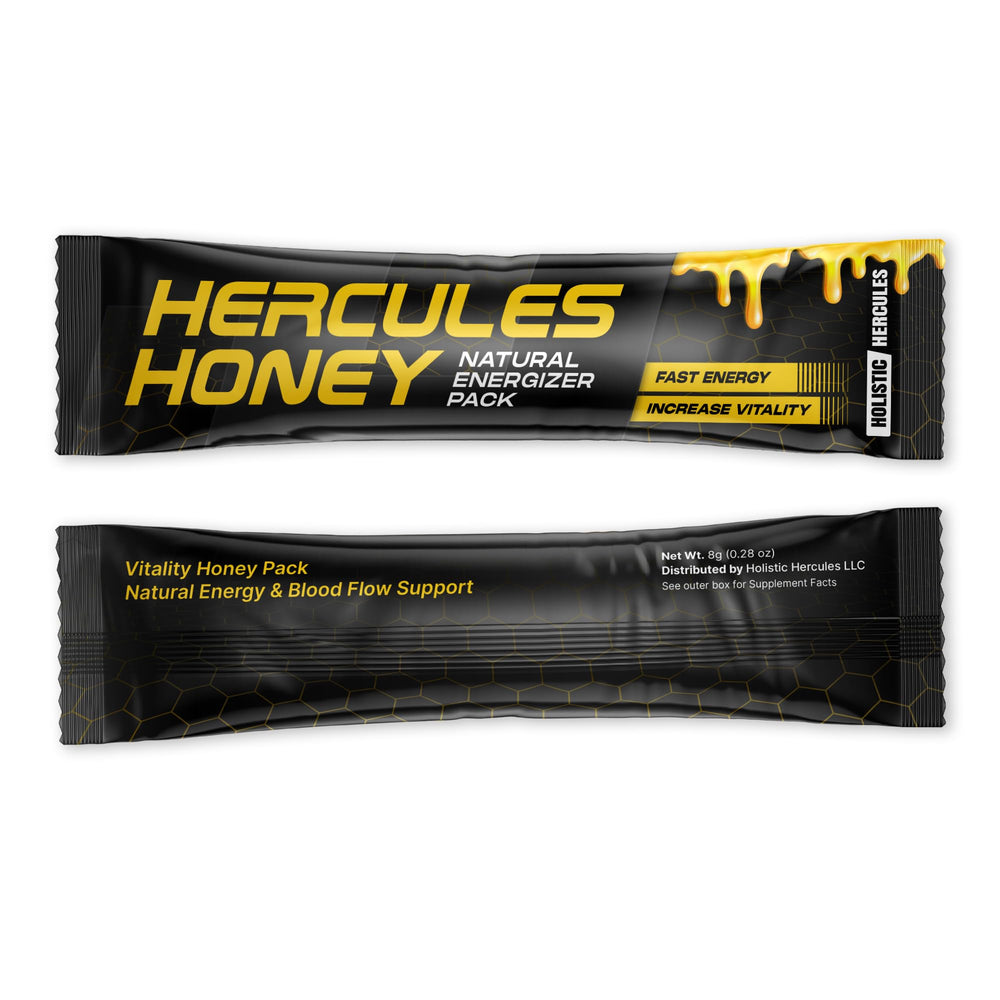 Packaging of Holistic Hercules Honey shown on a kitchen counter