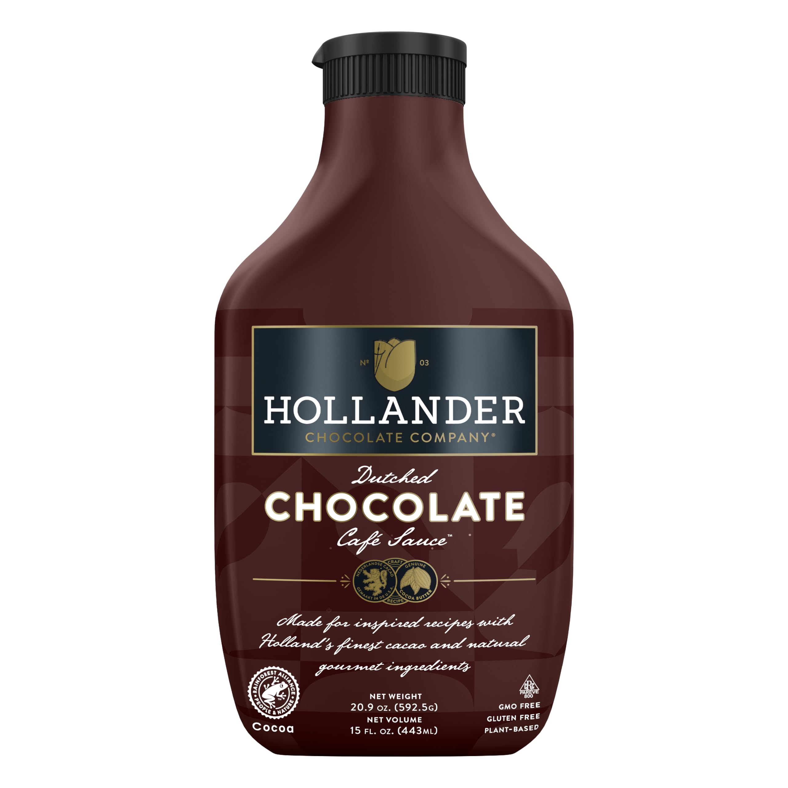 Hollander Chocolate Cafe Sauce bottle shows premium dutched cacao for rich flavor