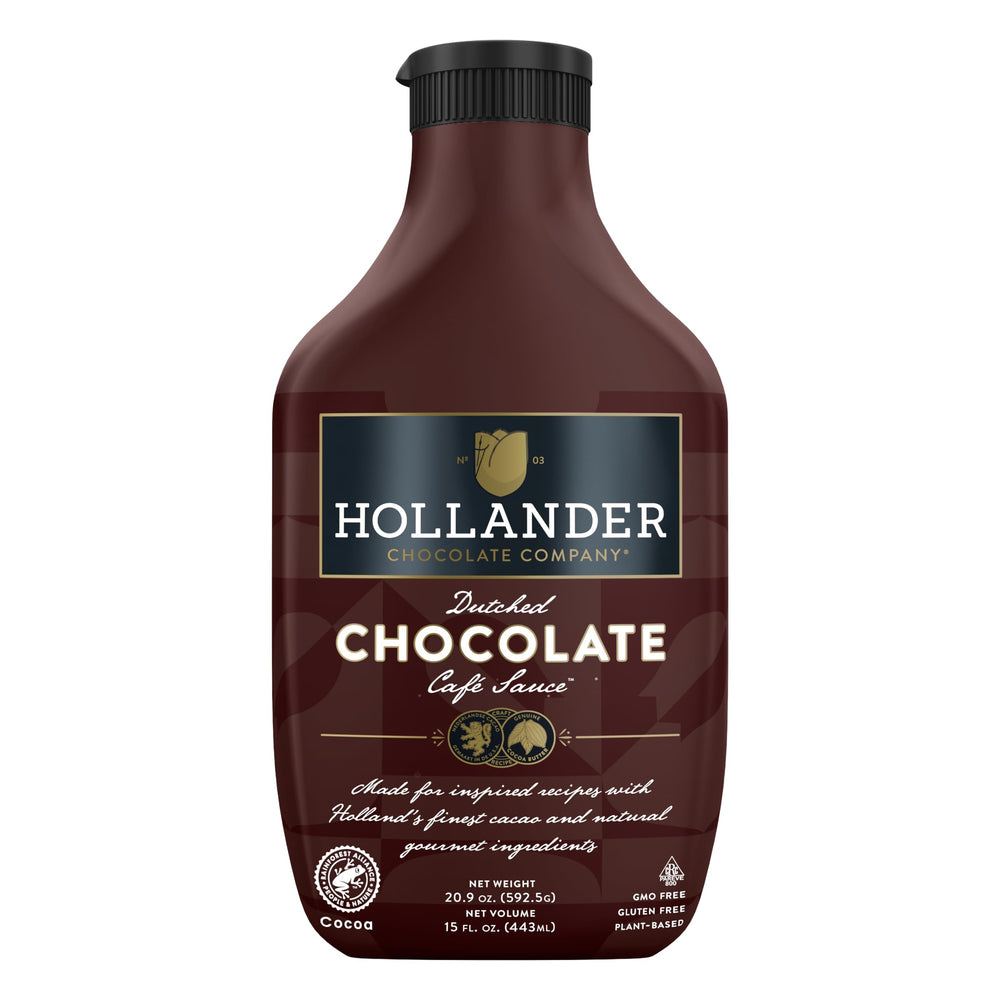 Hollander Chocolate Cafe Sauce bottle shows premium dutched cacao for rich flavor