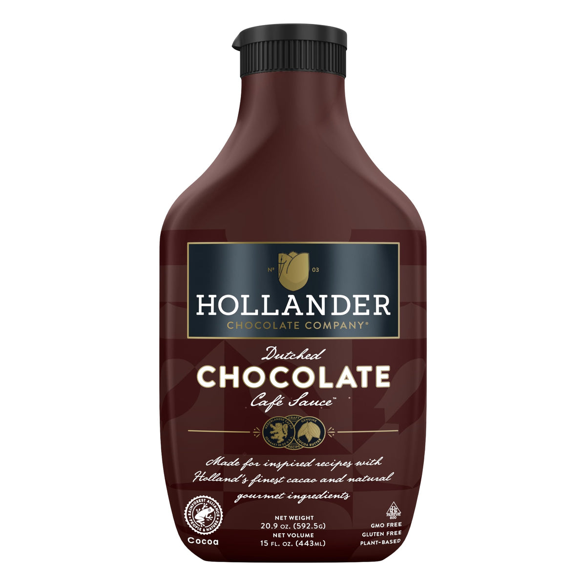 Hollander Chocolate Cafe Sauce bottle shows premium dutched cacao for rich flavor